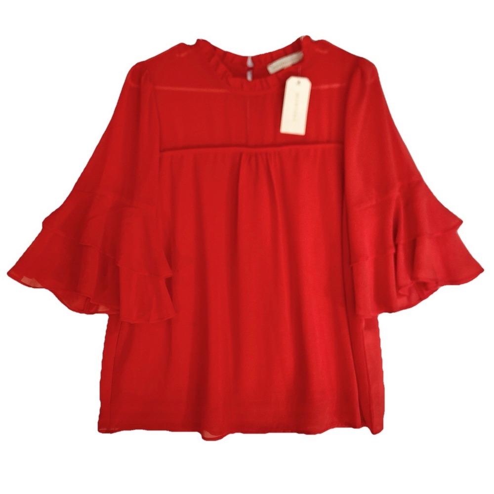 Monteau Sheer Panel High Neck Tiered Chiffon Ruffle Sleeve Blouse Women L Red